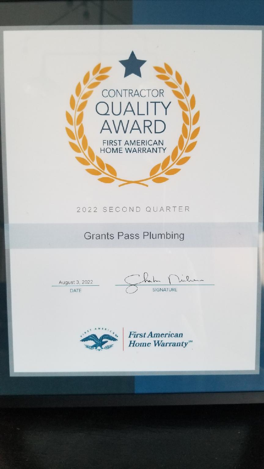 Grants Pass Plumbing award recognition